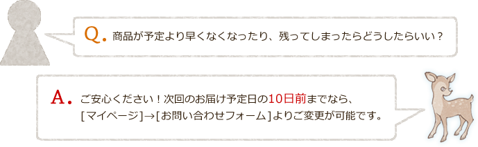 商品が予定より早くなくなったり、残ってしまったらどうしたらいい？ご安心ください！次回のお届け予定日の10日前までなら、[マイページ]　[お問い合わせフォーム]よりご変更が可能です。